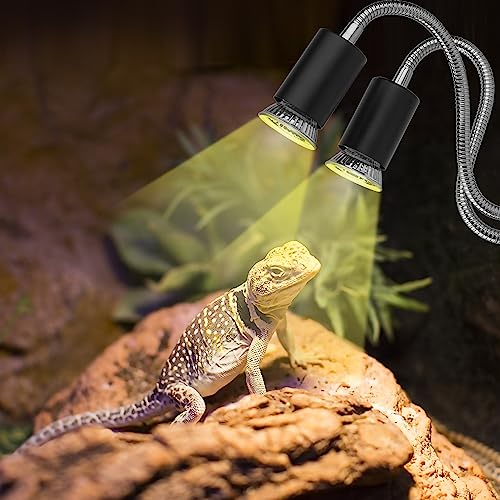 Reptile Heat Lamp, Dual-Head UVA UVB Reptile Light, Heating Lamp with Cycle Timer, Heat Lamp for Reptiles Bearded Dragon Turtle Crab Snake Lizard, Separate Control, 3 Basking Bulbs Light - color: Dual-head Lamp With Timer & 3 Bulbs