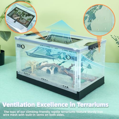 Foldable 16" Reptile Terrariums, Snake Tanks, and Enclosures for Bearded Dragons, Iguanas, Lizards, Crested Geckos -Clear Views, Portability, High-Temperature Resistant Iron Mesh Ventilation - color: Black