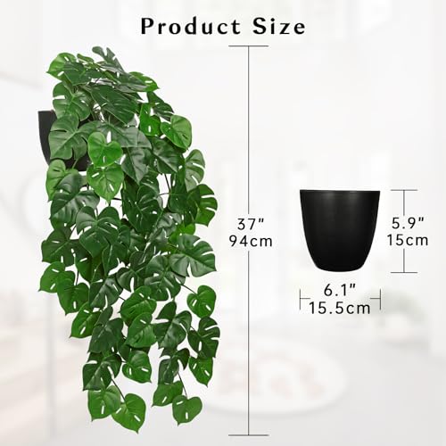Large Fake Hanging Plants in Pot with Hook, 37" Artificial Hanging Monstera Leaves Vines Plants, Fake Potted Greenery Plant for Room Wall Living Room Bathroom Kitchen, Faux Ivy Houseplants for Shelf - color: # Monstera