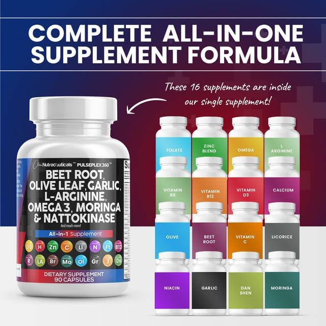 Clean Nutraceuticals Beet Root Capsules Olive Leaf Nattokinase Garlic Extract L-Arginine Omega 3 Red Yeast Rice Hibiscus Danshen - Healthy Support Supplement - 90 Ct