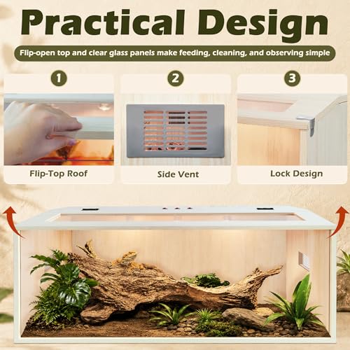 PROLEE Bearded Dragon Tank,Wooden Reptile Tank and Lizard Tank,Tempered Glass Large Bearded Dragon Enclosure with Built-in Lamp Fixture (48X20X20inch,80 Gallons) - color: Wooden Roof, size: 48X20X20inch,80 Gallons