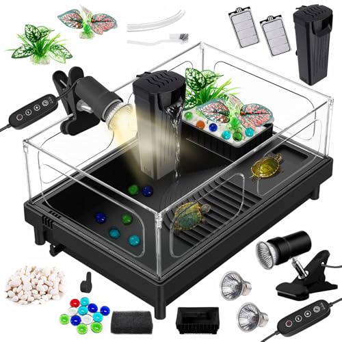 GOZILLA Small Turtle Tank Kit(Tank+Lamp+Filter), Acrylic Turtle Starter Kit with Adjustable Lamp, Reptile Habitat and Terrarium with Multi-Functional Areas for Small Reptiles. (Black Kit)