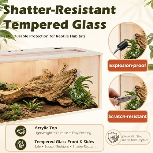 PROLEE Bearded Dragon Tank,Wooden Reptile Tank and Lizard Tank,Tempered Glass Large Bearded Dragon Enclosure with Built-in Lamp Fixture (48X20X20inch,80 Gallons) - color: Wooden Roof, size: 48X20X20inch,80 Gallons