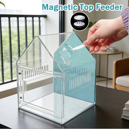 Magnetic Acrylic Spider Enclosure 5.3x5.3x7.3 Inch, House Shape Terrarium with Blue or Purple Background for Jumping Spiders, Tarantula Slings & Mantis, Escape-Proof Habitat (Blue)