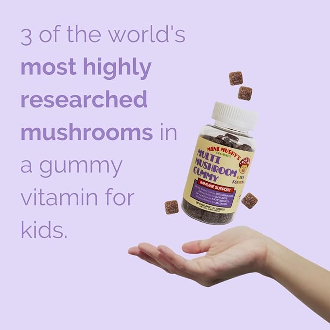 Mini Mushy's Organic Immune Support Daily Gummies | Turkey Tail, Reishi, Chaga Mushrooms, Elderberry | for Kids Ages 2+ Natural Color, Allergy Friendly, Low Sugar | Strawberry Flavor - 30 Count