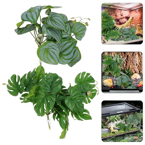 PRETYZOOM 2pcs Artificial Plant Ornaments with Suction Cups, Lifelike Terrarium Fake Leaves for Reptile Habitat Decor, 46pcs Simulation Leaves Including Watermelon and Monstera, Suitable