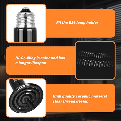 Simple Deluxe 75W Ceramic Heat Emitter Reptile Heat Lamp Bulb No Light Emitting Brooder Coop Heater for Amphibian Pet & Incubating Chicken, 2 Pack - size: 75 Watts, style: 2 Pack