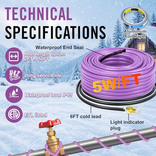 40FT Heat Tape for Water Pipes Self-Regulating Pipe Heating Tape for Metal and Plastic Home Pipes Keeps Water Flowing at -40°F - style: 40 Feet