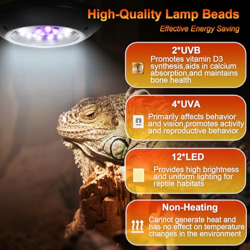 LED UVB Light for Reptiles, 8W UVA UVB Lamp – Timer Switch, Adjustable Brightness, Ferguson Zones 1-4, Energy-Efficient, UVI Lamp for Bearded Dragons, Chameleon, Lizard, Snake, Non-Heating Equipment