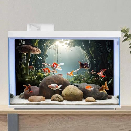 AWERT 48x20 inches Aquarium Background Foggy Stone Mushroom Moss Terrarium Background Polyester Green Plants Cave Fish Tank Background - size: 48x20in/120x50cm