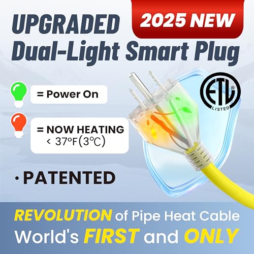 9 Ft Upgraded Dual-Indicators Heat Tape for Water Pipes, YeloDeer Self-Regulating Heat Trace with Thermostat, Heating Cable with Extra End Seals for Metal and Plastic Pipes 120V - style: 9-feet
