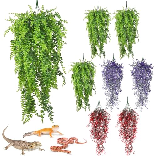 PINVNBY 8 Pack Reptile Plants Terrarium Hanging Fake Vines with Suction Cup Artificial Leaves for Bearded Dragons Lizards Geckos Snake Hermit Crab (4PCS Green, 2PCS Purple and 2PCS Red) - color: 8pcs (4 X Green, 2 X Purple, 2 X Red)
