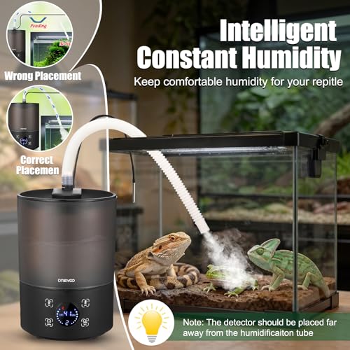 Dreyoo Reptile Fogger Humidifiers with Humidity Control, Top Fill Reptile Mister with Smart Touch LED Display, 3 Mist Levels, Auto Shut Off, Extendable Hose for Crested Frog Gecko Terrarium