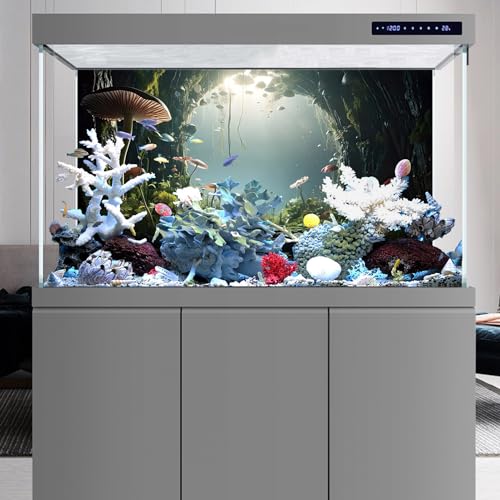 AWERT 48x20 inches Aquarium Background Foggy Stone Mushroom Moss Terrarium Background Polyester Green Plants Cave Fish Tank Background - size: 48x20in/120x50cm