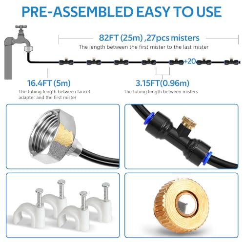 HOMENOTE Misting Cooling System, 98FT(30M) Pre-Assembled Kit with 27 Brass Nozzles & 3/4" Brass Adapter, Cooling Mister for Patio, Backyard, Pets, Garden & Greenhouse - size: 98FT / 30M