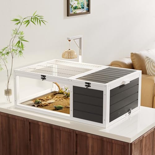 Tortoise Habitat, Tortoise House, Tortoise Enclosure with Adjustable Lamp Holder, Lockable Top, Pull-Out Waterproof Trays, Small Animals & Reptile, Wooden, Indoor & Outdoor