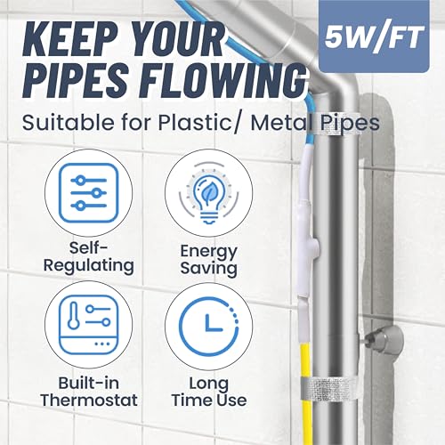 2 Ft Upgraded Dual-Indicators Heat Tape for Water Pipes, YeloDeer Self-Regulating Heat Trace with Thermostat, Heating Cable with Extra End Seals for Metal and Plastic Pipes 120V - style: 2-feet