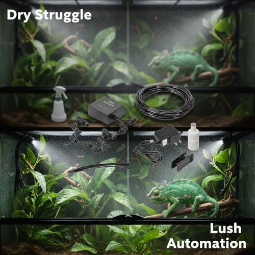 Reptile Terrarium Mister with Dual Nozzles, Timer Controlled Humidifier, Automatic Spray System, 360° Adjustable, Self-Priming