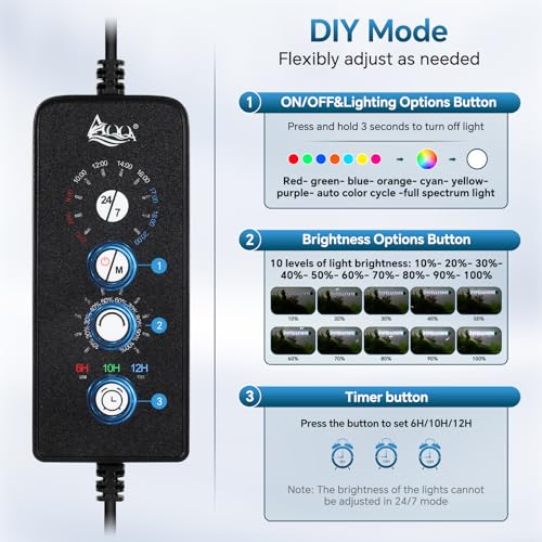 AQQA Submersible LED Aquarium Light, 24/7 Mode Full Spectrum Fish Tank Light, 4 Rows Beads with 9 Colors Choice, IP68 Waterproof Aquarium Plant Light, Adjustable Brightness Timer, 7 Adjustable Angle - size: 8.27In ( For 9.84''-16.93'' Length Fish Tank)