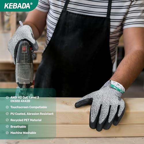 Kebada Cut Resistant Gloves, ANSI A2 Cutting Glove, PU Coated, Touchscreen, Multi-Purpose Model C2, 3 Pairs, Medium - color: Grey(3 Pairs), size: 8/Medium