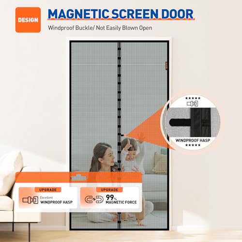 MAGZO Magnetic Screen Door Fits Door Size 34" x 80", 36" x 81" Hands-Free Mesh with Strong Magnet & Windproof Fastener, Pet Friendly Screen for Double Entrance, Black - size: Fit Door Size 34 x 80 Inch