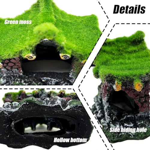 Tfwadmx Aquarium Decoration House Resin Hollow Hideout House,Small Betta Fish Hide Accessories Cave Ornament Tank Small Fish Shrimp Hideaway with Moss - size: 1PCS