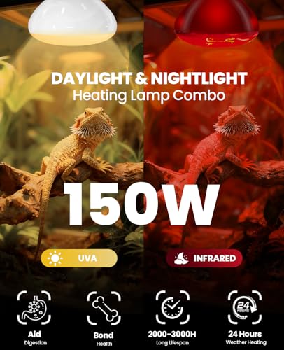 KINDEEP 150W Reptile Heat Lamp Bulbs: Reptile Day & Night Basking Spot Bulb Combo Amphibian Infrared Heat Lamp Bulb - UVA Basking Spot Daylight Heating Light Bulb for Lizard Tortoise Snake