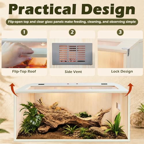 PROLEE Bearded Dragon Tank,Wooden Reptile Tank and Lizard Tank,Tempered Glass Large Bearded Dragon Enclosure with Built-in Lamp Fixture (32X16X16inch,34 Gallons) - color: Wooden Roof, size: 32X16X16inch,34 Gallons