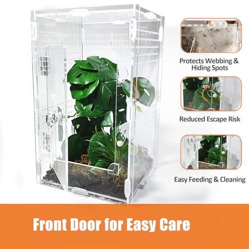 Acrylic Jumping Spider Enclosure Large 6”x6”x10” with Front Door, Arboreal Tarantula Enclosure, Praying Mantis Habitat for Spider, Mantis, Snail, Tarantula, Isopods, Beetles, Millipedes