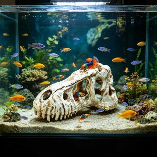 Dinosaur Skull Reptile Basking Platform, Resin Fish Tank & Terrarium Decor for Bearded Dragons, Lizards, Geckos - Aquarium Decor, Tarantula Hide Cave