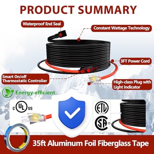 Heat Tape for Water Pipes Constant Wattage Heating Cable Pipe Freeze Protect Heating Cable Keeps Water Flowing at -40°F with 3ft Lighted Plug 14 ft - style: 14-feet