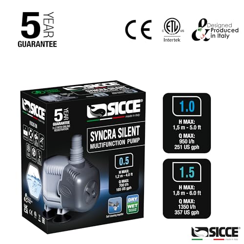 SICCE Syncra Silent 1.5 Multifunction 357 GPH Submersible Water Pump | Italian Made 23W Ultra Quiet Durable Aquarium Fish Tank, Fountain, Pond, Hydroponics, Terrarium Black | Freshwater & Saltwater - size: Syncra Silent 1.5