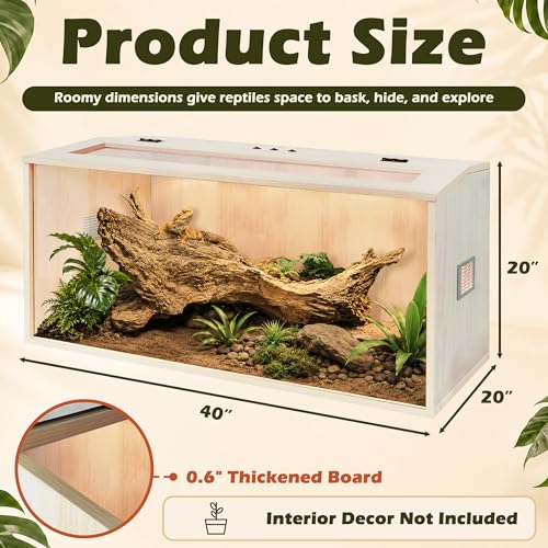 PROLEE Bearded Dragon Tank,Wooden Reptile Tank and Lizard Tank,Tempered Glass Large Bearded Dragon Enclosure with Built-in Lamp Fixture (40X20X20inch,65 Gallons) - color: Wooden Roof, size: 40X20X20inch,65 Gallons