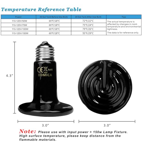 DOMICA 100W 2Pack Reptile Heat Bulb, Beared Dragon Ceramic Heat Emitter, E26 No Light Emitting Heating Light Bulbs for Turtle, Lizard, Snake, Amphibians, Pet Brooder Coop Chicken (100W-Medium Tank) - color: 100w-medium Tank