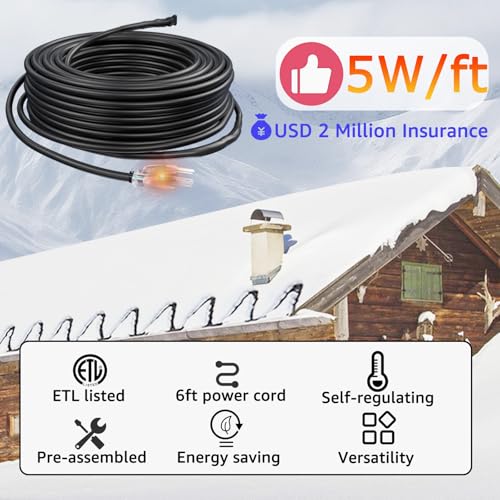 HEATIT JHSF1 100FT Self-Regulating Heating Cable, 120V 5W/ft | Pre-Assembled Heat Tape with Spacers and Clips for Roof De-Icing, Gutter Heating and Pipe Freeze Protection - color: 5W/FT (KIT), style: 100FT