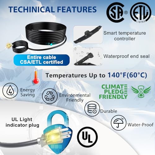 35 Feet Heat Tape for Water Pipes Pipe Freeze Protect Heating Cable Keeps Water Flowing at -40°F with 3ft Lighted Plug - style: 35 Feet