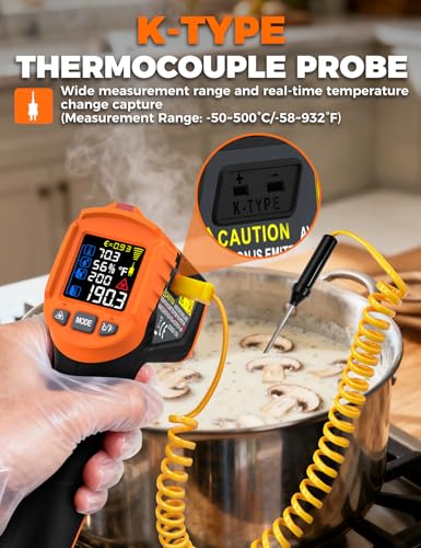 4 in 1 Temperature Gun POROMETISTO 4 Types of Alarm Setting,-58-1472°F Measure Infrared/Ambient Temperature Humidity Infrared Thermometers,Industrial Laser Thermometer Gun with K-Type Probe