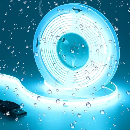 DC 5V USB COB Ice Blue LED Strip Light Dimmable USB Powered 6.6ft/2M IP65 Waterproof 640LEDs with Dimmer High Brightness Flexible LED Tape Lights - color: Ice Blue