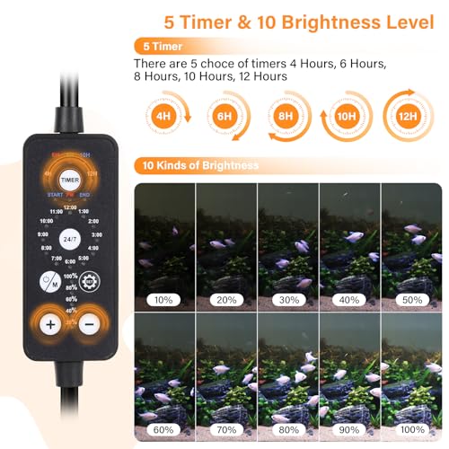 hygger Submersible LED Aquarium Light, 8W 7 in 24/7 Mode Fish Tank Light with 5 Rows Beads, with Timer 9 Colors and Adjustable Brightness, Full Spectrum IP68 Waterproof Light for Fish Tank 8-17 inch - size: 8in 8W