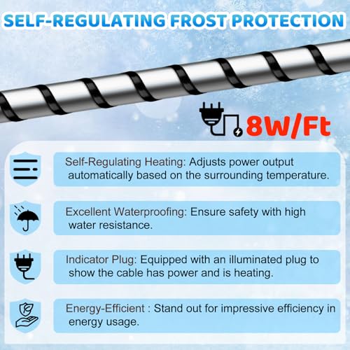 Kingdder 48 Ft (6FT~48FT) Heat Tape for Water Pipes Thermostat Self Regulating Heating Cable with Power Indicator Plug Built-in, Heavy Duty Heating Cable for Pipe Freeze Protection, 120V 8W/ft - size: 48 Ft