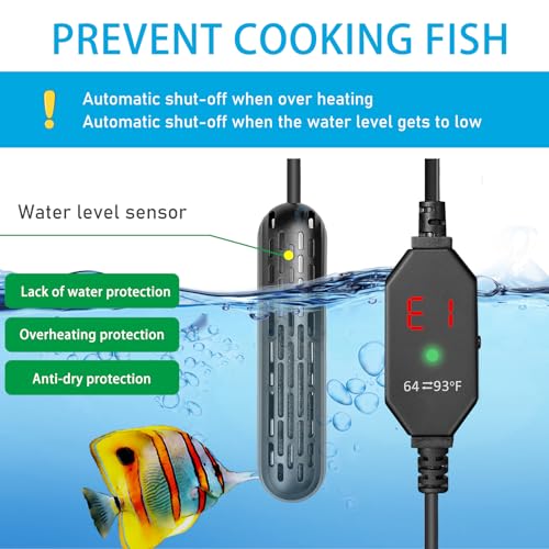 YukiHalu Aquarium Heater 25/50/100/150W with Protective Cover, Mini Fish Tank Heater with External Controller, Temperature Adjustable, Digital Display, Used for 5/10/20/30 Gallons (150W-30Gallon) - size: 150W-30Gallon