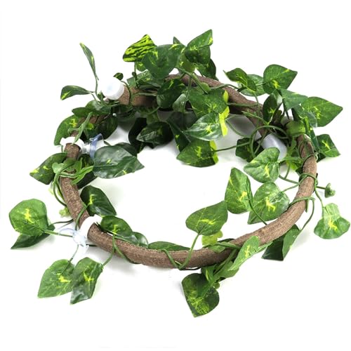 Premium Jungle Reptile Folding Branch Decoration for Chameleon, Turtle, Amphibian, Arboreum 3-D, Flexible Vine, 6.89 Feet Screw, PU+Eco-friendly Plastic (Rattan + Leaves - size: Rattan + foglie di ravanello verde