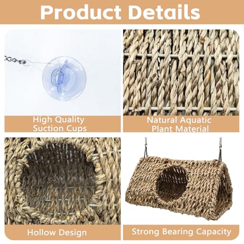 Reptile Hide Cave,Hanging Seagrass Fiber Bearded Dragon Hammock Swing Climbing Toys with Plants Decor,Gecko Hideout Hollow Cave Tank Accessories for Lizard Snake-Triangle S - size: Triangle S:7.87*3.94*3.94"