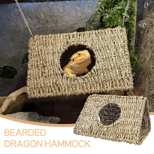 Reptile Hide Cave,Hanging Seagrass Fiber Bearded Dragon Hammock Swing Climbing Toys with Plants Decor,Gecko Hideout Hollow Cave Tank Accessories for Lizard Snake-Triangle L - size: Triangle L:9.84*7.09*5.91"