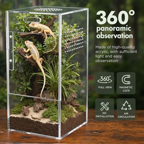 Pre-Assembled Jumping Spider Enclosure, Acrylic Terrarium with Magnetic Door & All-Side Ventilation, Habitat for Spiderling, Mantis, Tarantula, Snail (5"×5"×10") - size: Large Vertical (5"×5"×10")