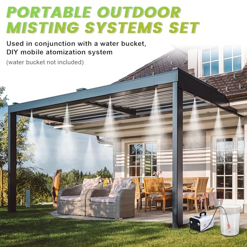 Outdoor Misting Cooling System High Pressure Misters for Outside Patio with Pump Kit, 65.6FT Misting Line with Brass Mist Nozzles Self Priming Sprayer Misters for Chicken Coop Garden Greenhouse
