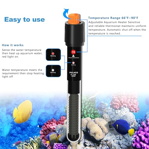 PULACO 100Watt Aquarium Heater for 15-25 Gallon Fish Tank, Adjustable Submersible Heater Thermostat with Thermometer Strip and Suction Cup