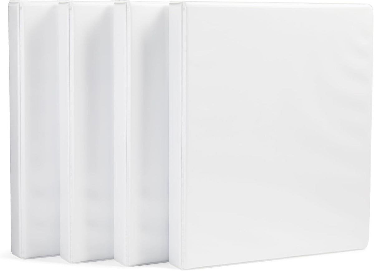 Amazon Basics 3-Ring Binder with Round Rings and Interior Pockets, 1-Inch, White, 4-Pack
