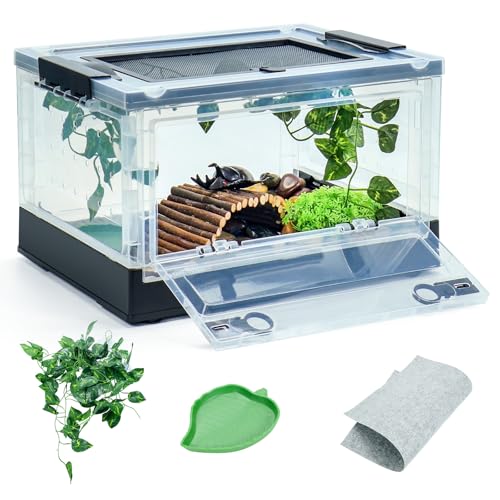 Foldable 16" Reptile Terrariums, Snake Tanks, and Enclosures for Bearded Dragons, Iguanas, Lizards, Crested Geckos -Clear Views, Portability, High-Temperature Resistant Iron Mesh Ventilation - color: Black