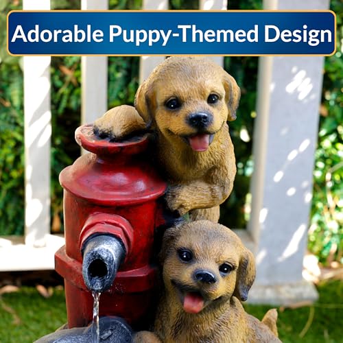 Alpine Corporation GXT986 26" Tall Outdoor Barrel Fountain with Playful Puppies, Cascading Garden Water Feature for Patio, Lawn, or Yard Decor, Brown - style: Barrel with Playful Puppies